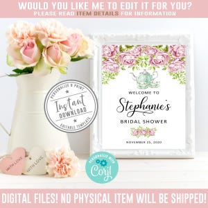 Editable Welcome Bridal Shower sign, Tea Party Theme, Corjl Template, Signage, Blush Pink Watercolor Flowers, Instant Download, DIGITAL WS61 image 2