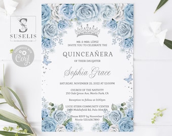 EDITABLE Quinceanera Invitation Template, Baby Blue Flowers, Sweet 16, 15th Birthday, Paperless Post, Printable, Instant Download, QU181