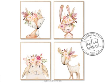 May include: Four digital art prints featuring a fox, a rabbit, a hare, and a deer, each wearing a floral crown with feathers. The text reads DOWNLOAD AND PRINT, INSTANT DOWNLOAD DIGITAL FILES, and COLOR/SIZE/DESIGN CHANGES ARE NOT INCLUDED.