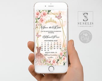 Editable Calendar Save the Date Evite Template, Blush Pink Flowers, Quinceañera, Text, SMS, Email, Smartphone, Instant download, QU054B