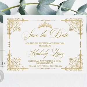 Editable Template Quinceañera Save the Date Card, Gold Ornaments Swirl, Sweet 16, 15th 16th Birthday, Printable, Instant Download, QU202