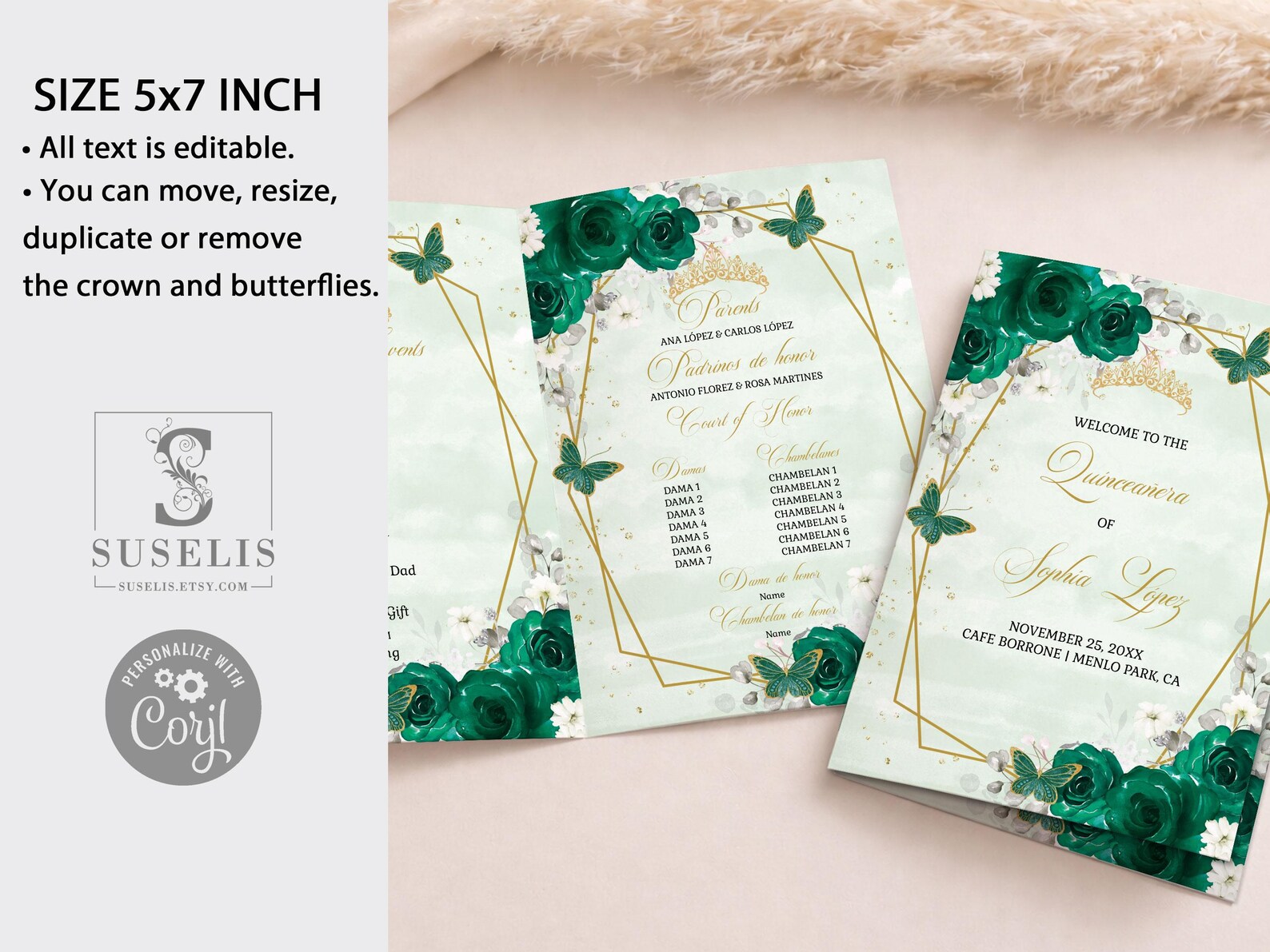 EDITABLE Bi-fold Program Template, Emerald Green, Quinceañera, 15th ...