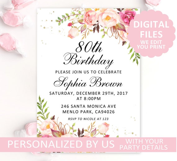 printable 60th birthday invitation blush floral birthday invite any printable 80th birthday invitations
