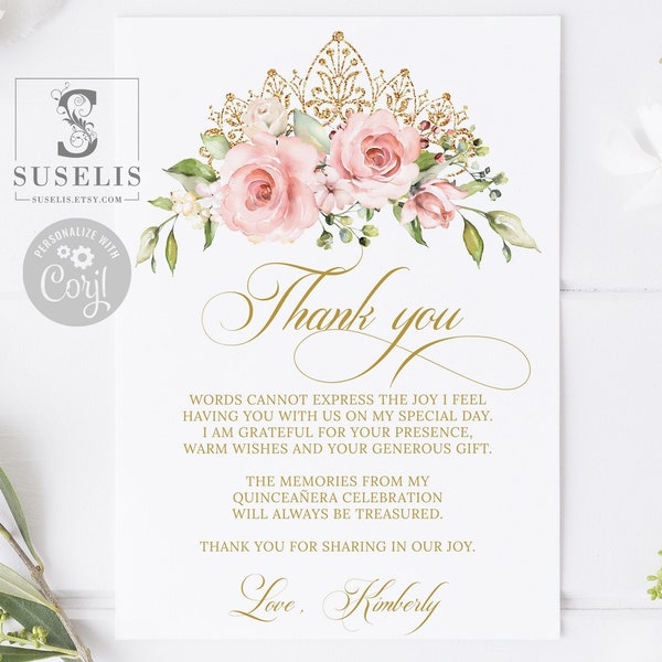 Editable Thank you Card Template, Blush Pink Flowers, Quinceañera, Sweet Sixteen, Sweet 16,5x7 inch, Printable, Instant Download, QU021