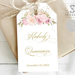 Editable Template Quinceanera Favor Thank You Tag, Blush Pink Flowers, Gift tag, Sweet Sixteen, Sweet 16, Printable Instant Download QU135