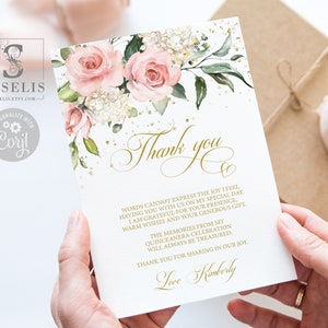 Editable Thank you Card Template, Blush Pink Flowers, Quinceañera, Sweet Sixteen, Sweet 16, Printable, Instant Download, QU020