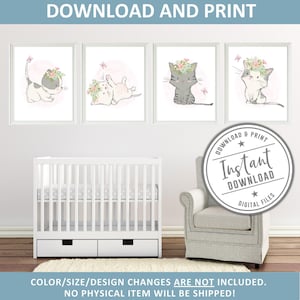 https://www.etsy.com/de/listing/621666604/printable-garderobe-katzen-drucke, Illustration, 4er Set, Tierschilder, Aquarell Kätzchen Schmetterling Blumen, Mädchen Poster, Geschenk Kinder, Wandkunst, DIGITAL Bild 6