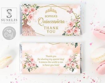 EDITABLE Template Quinceañera Chocolate Wrapper, Candy Bar, Mis Quince, 15th Birthday, Party Favors, Instant Download, Digital, QU054B