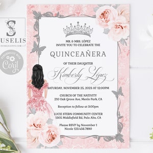 EDITABLE Quinceanera Invitation Template, Blush Pink Flowers, Sweet 16, Mis Quince, 15th Birthday, Printable, Instant Download, QU189