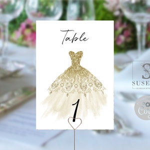 EDITABLE Table Numbers Template, Quinceanera, Gold Dress, Mis Quince, Sweet Sixteen, Guest Seating, Printable, Instant Download, QU007