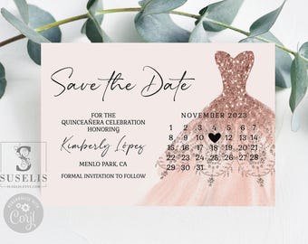 Editable Quinceañera Save the Date Calendar Card Template, Blush Pink, Sweet 16, 15th Birthday, Printable, Instant Download, QU007