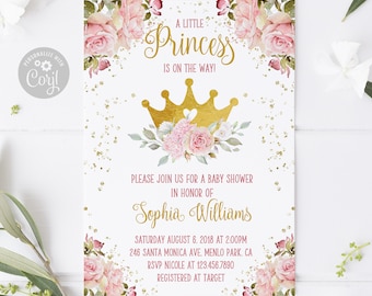 EDITABLE Princess Baby Shower Sprinkle Invitation, Corjl Template, Pink Gold Crown, Blush Pink Flowers, Instant Download DIGITAL, BS237