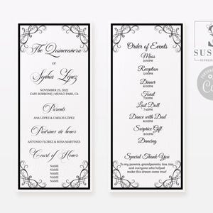 EDITABLE Program Template, Black Ornaments, Quinceañera, Sweet Sixten, Black & White, Sweet 16, Mis Quince, Printable Instant Download QU156
