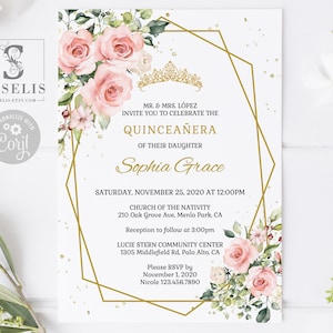 EDITABLE Quinceanera Invitation & Back Template, Blush Pink Flowers, Sweet 16, Mis Quince, Sweet Sixteen, Printable, Instant Download, SU022