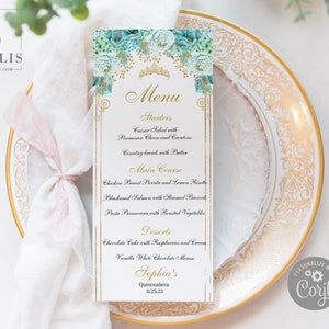 EDITABLE Menu Template, Quinceanera, Sweet 16, Gold Mint Green Flowers, Butterfly, Mis Quince Anos, Wedding, Instant Download, QU123