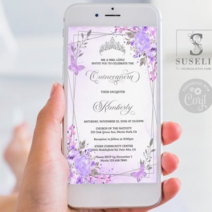 EDITABLE Evite Quinceanera Invitation Template, Purple Flowers, Electronic, iPhone, SMS Email, Phone, Printable, Instant download, QU127