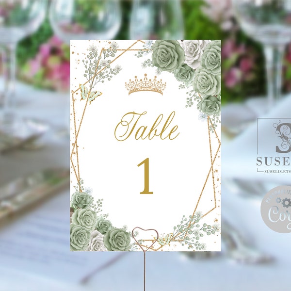 EDITABLE Template Table Numbers, Quinceanera, Sage Green Flowers, Butterfly, Wedding, Mis Quince, Sweet 16, Printable Instant Download QU181