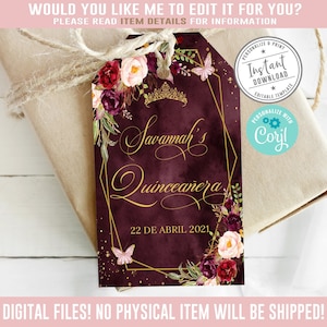 Editable Quinceanera Favor Tag, Burgundy, Gift tag, Mis Quince Anos, 15th Birthday, Butterfly, Corjl Template, Instant Download, QU062
