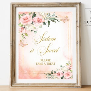 Printable Sixteen is Sweet Treat Sign, Sweet 16, Blush Pink Flowers, Party Sign, Dessert Table Sign, Printable, Instant Download, SW16017