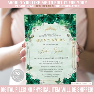 EDITABLE Quinceanera Invitation + Back, Emerald Green Floral, Butterfly, Mis Quince, 15th Birthday, Corjl Template, Instant Download QU136