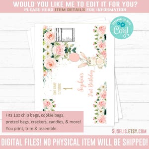 EDITABLE Some Bunny Birthday Chip Bag, Corjl Template, Watercolor Bunny Flowers Bag, Instant Download, Bunny Favors, Digital file, 10-148 image 2