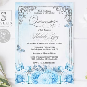 EDITABLE Quinceanera Invitation Template, Silver Baby Blue Flowers, Butterfly, Mis Quince, Sweet 16, Printable, Instant Download, QU102