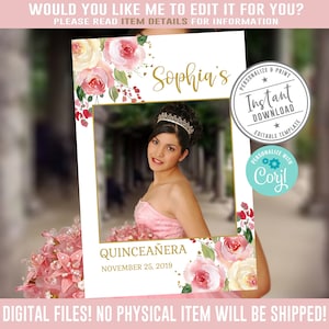 EDITABLE Quinceanera Photo Booth Frame, Template, Selfie Frame, Blush Flowers, Sweet Sixteen, Sweet 16, Printable, Instant Download, QU012