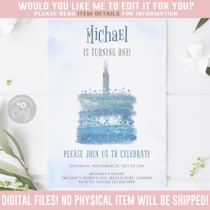 EDITABLE 1st Birthday Invitation, Boy Invite, Corjl Template, Instant download, Blue Silver Birthday Cake, One Candle, Printable 10-235