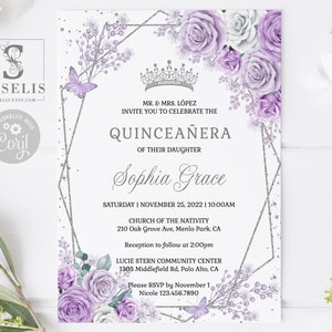 EDITABLE Quinceanera Invitation & Back Template, Lavender Flowers, Purple Butterfly, Sweet Sixteen, 15th Birthday, Instant Download QU181