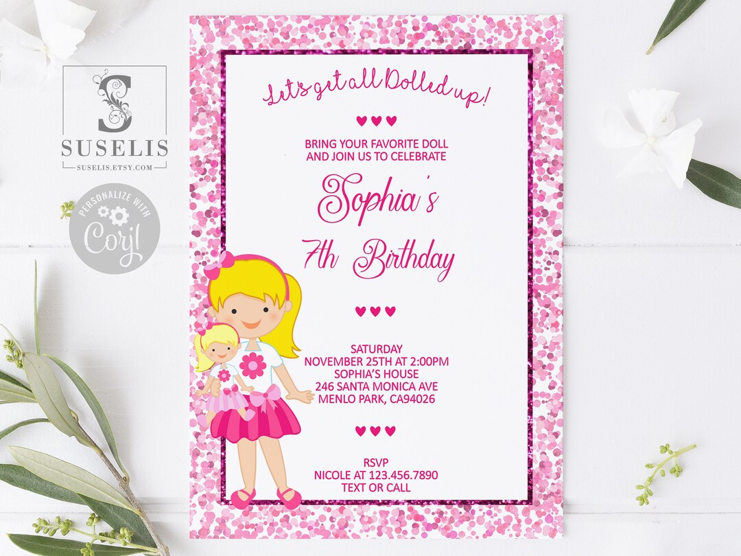 EDITABLE Baby Doll Birthday Invitation Template, Pink Dolly Invite ...