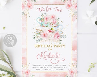 EDITABLE Tea Party Birthday Invitation, Corjl Template, Watercolor Brewing Tea Invite, Instant Download Tea Party Theme Digital file, 10-220