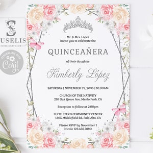 EDITABLE Quinceanera Invitation Template, Blush Pink Champagne Flowers, Butterfly, Sweet 16, Mis Quince, Printable, Instant Download, QU212