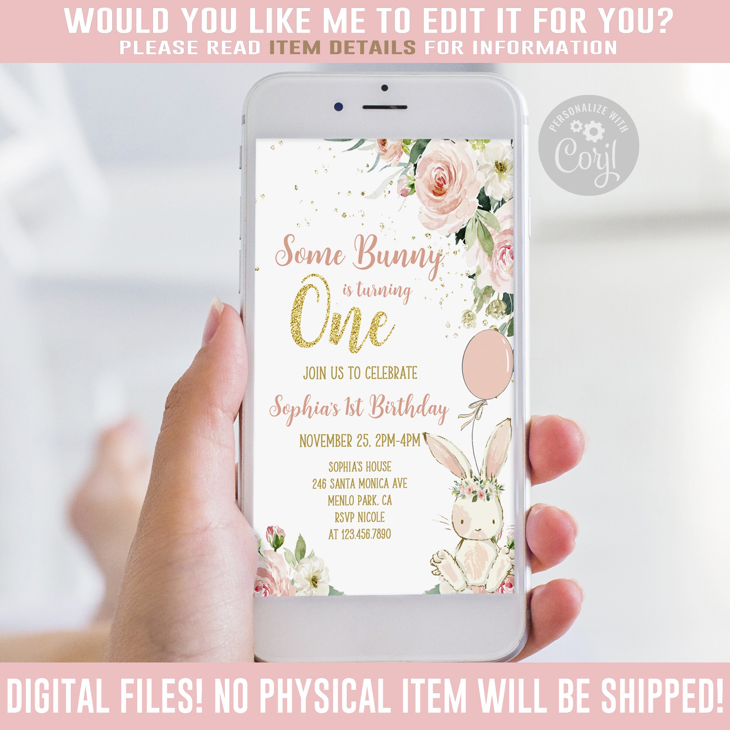 Paper & Party Supplies Editable Electronic Bunny Birthday Invitation