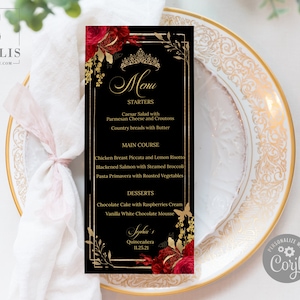 EDITABLE Menu Template, Red Flowers, Quinceanera, Sweet 16, Reception Menu, Mis Quince, 15th Birthday, Printable, Instant Download,QU140