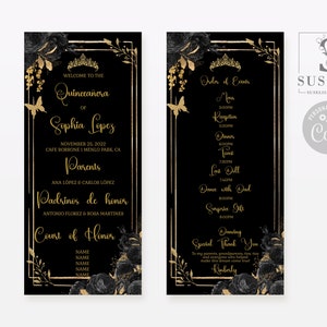 EDITABLE Program Template, Gold Black Flowers, Quinceañera, Sweet Sixten, Sweet 16, Mis Quince, Printable Instant Download, QU121