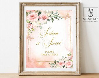 印刷可能な「Sweet 16」サイン、スイート16、ブラッシュピンクの花、パーティーサイン、デザートテーブルサイン、印刷可能、即時ダウンロード、SW16017