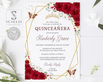 EDITABLE Ruby Red Roses, Quinceanera Invitation & Back Template, Butterfly, Mis Quince, Sweet 16, Printable, Instant Download, QU193