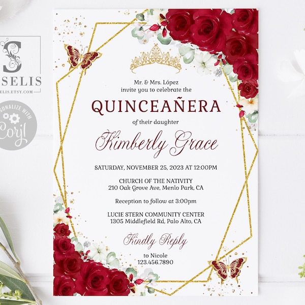 EDITABLE Ruby Red Roses, Quinceanera Invitation & Back Template, Butterfly, Mis Quince, Sweet 16, Printable, Instant Download, QU193