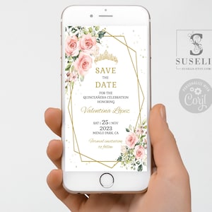 Editable Save the Date Evite Template, Text Invite, Blush Pink Flowers, Butterfly, Mis Quince, 15th Birthday, Instant Download, SU022A
