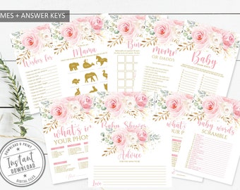 Shower Game Pack, Blush Pink Flowers Theme, Set of 10, Baby Shower Activity, Game Bundle, Instant Download Printable DIGITAL, BS205