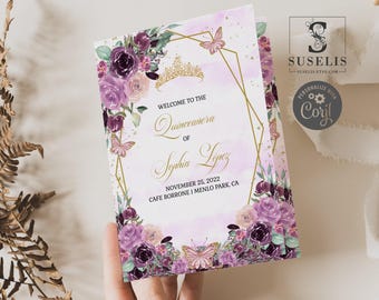May include: A rectangular invitation card featuring purple and dark violet roses, gold geometric frames, and butterflies. The text reads: Welcome to the Quinceanera of Sophia Lopez, November 25, 2022, Cafe Borrone, Menlo Park, CA, with a gold tiara graphic.