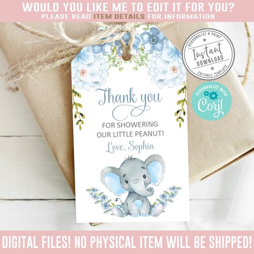 EDITABLE Elephant Baby Shower Favor Tag Printable Greenery - Etsy