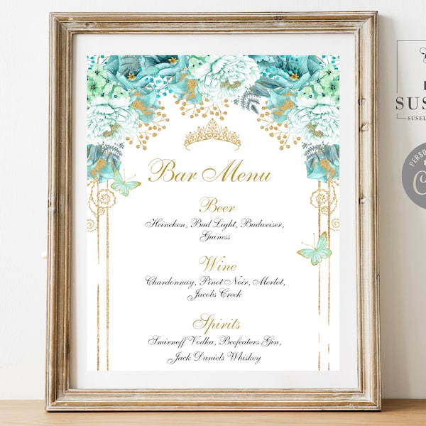 EDITABLE Bar Menu Sign Template, Drinks, Mint Green Flowers, Butterfly, Quinceanera, Sweet 16, Wedding, Instant Download QU123