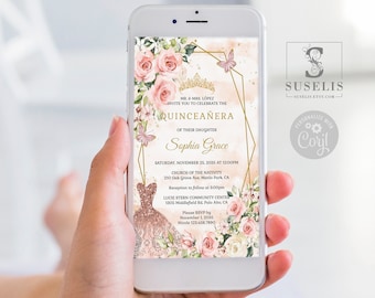 EDITABLE Evite Quinceanera Invitation Template, Blush Pink Flowers, Electronic, iPhone, SMS Email, Phone, Printable Instant download, QU054B