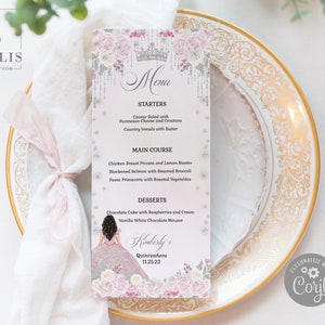 EDITABLE Menu Template, Quinceanera, Sweet 16, Blush Pink Flowers, Silver, Mis Quince, 15th Birthday,Printable, Instant Download, QU183
