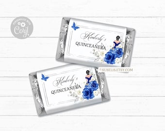Editable Quinceañera Mini Chocolate Wrappers, Royal Blue Dress QU084B