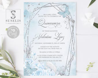 EDITABLE Quinceanera Invitation Template, Silver Blue Flowers, Butterfly, Mis Quince, Sweet 16, Printable, Instant Download, QU069