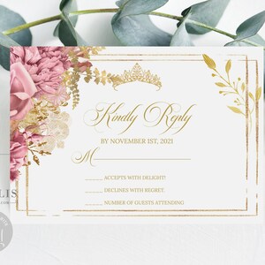 Editable RSVP Card Template, Blush Pink Flowers, Quinceañera, Sweet 16, Mis Quince, 15th Birthday, Printable, Instant Download, QU121A