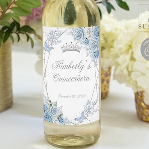 EDITABLE Wine Bottle Label Template, Quinceañera Baby Blue, Butterfly, Mis Quince, Wedding, Favor labels, Instant Download, Digital, QU181