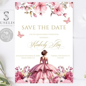 Editable Quinceañera Save the Date Card Template, Pink Sakura Cherry, Sweet 16, 15th Birthday, Quince, Printable, Instant Download, QU220